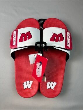 NWT Wisconsin Badgers Men's Red Slide Sandals Flip Flops Size 13 14